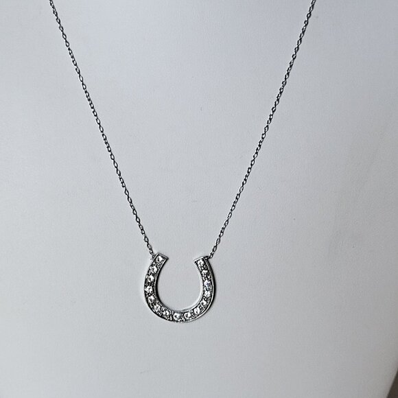 Good Luck Horseshoe CZ Faceted Stone Necklace Silver Tone ML2 Tag 17" - Picture 4 of 6
